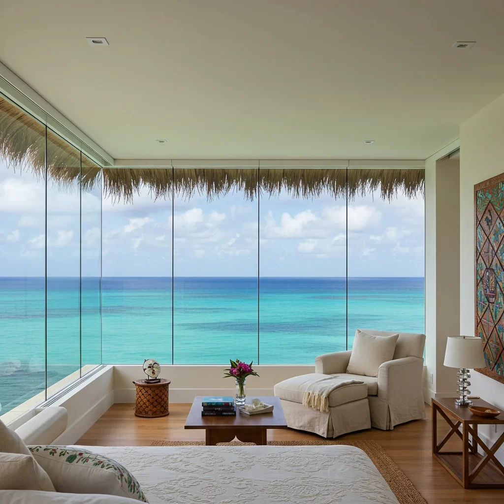 Turismo de Salud en República Dominicana Detalle único Interior de una habitación de recuperación con vista panorámica al océano, decorada con elementos dominicanos
