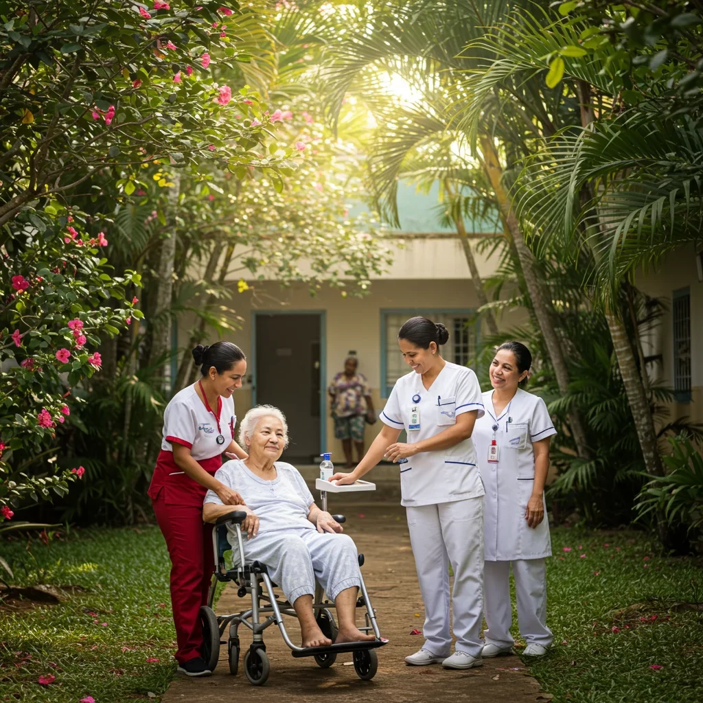 Turismo de Salud en República Dominicana Personas locales - Enfermeras dominicanas atendiendo a pacientes en un jardín tropical, con su permiso